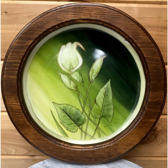Vintage Botanical Ceramic Wall Art Signed 1984 Framed Green Floral Plate